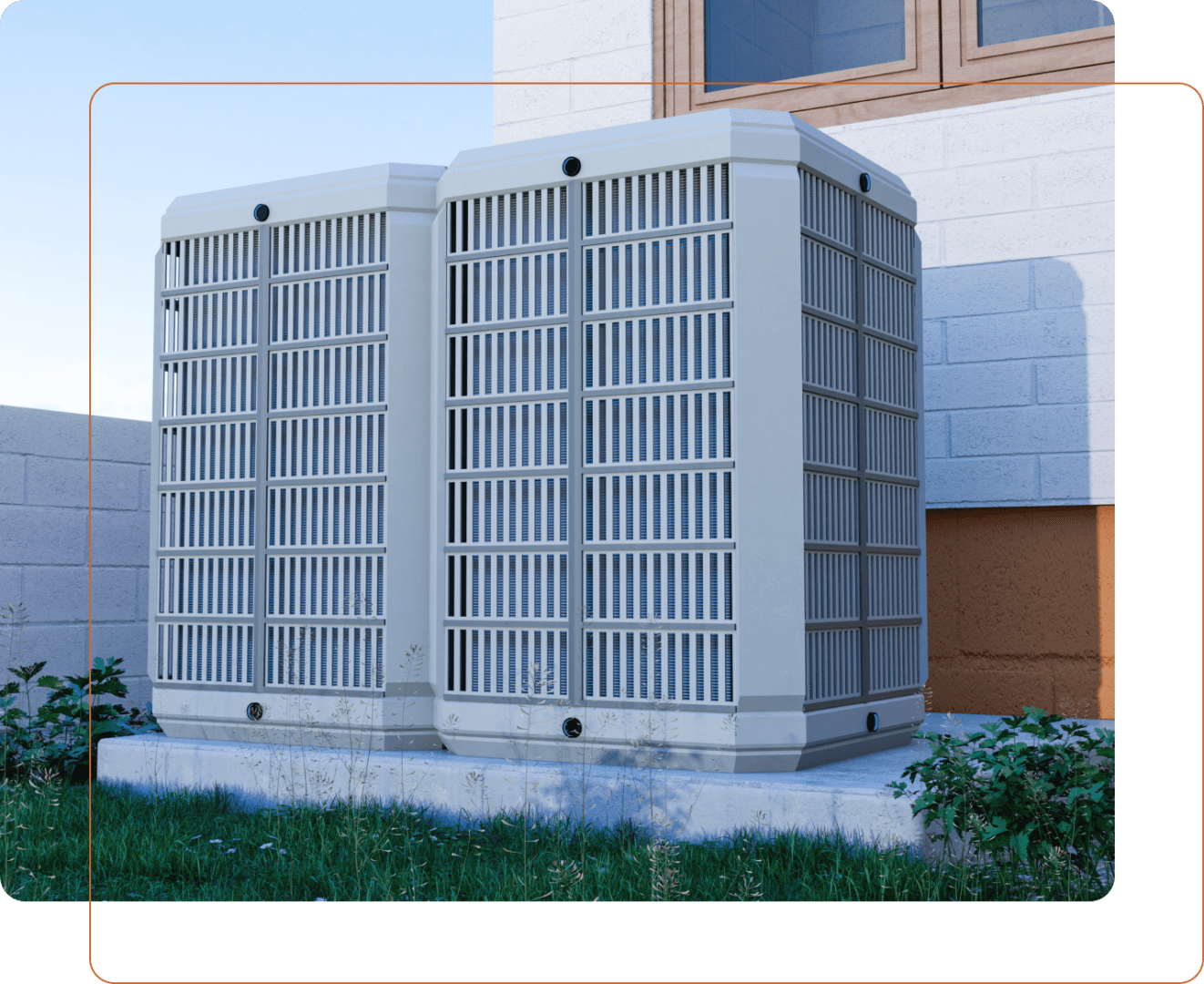 A couple of air conditioners sitting outside on the grass.