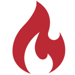 A red flame is shown on the black background.