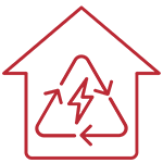 A red outline of a house with an arrow and lightning